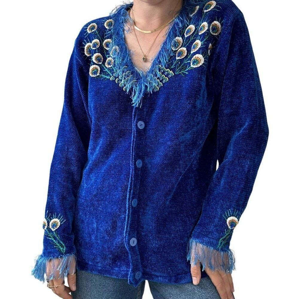 Vintage Y2K Womens Cobalt Blue Peacock Chenille Velvet Ugly Cardigan XL